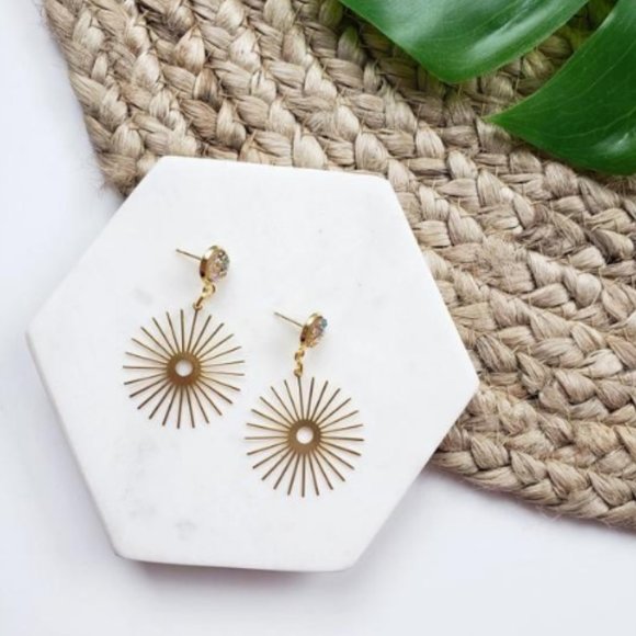 Brass Sun Beam Earrings Druzy Gold Finish Handmade - Picture 2 of 4